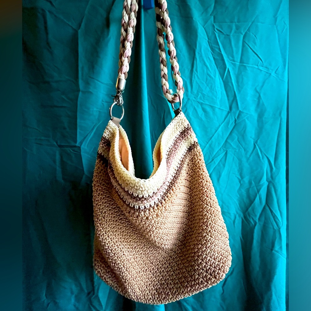 The Sak Crocheted Tan Stripe Trim Braided Shoulder Strap Bag